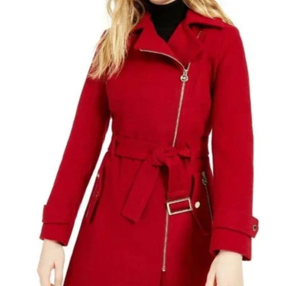 NEW MICHAEL KORS $275 RED ASYMMETRICAL BELTED PEACOAT LOGO GOLD